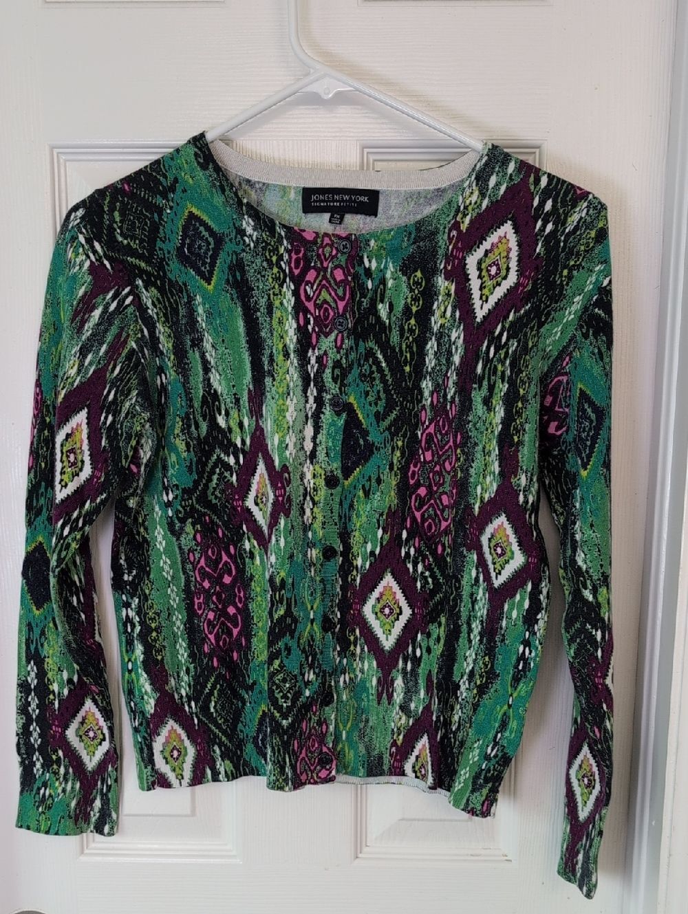 Jones New York Teal, Purple & Black Tribal Print Button Front Cardigan